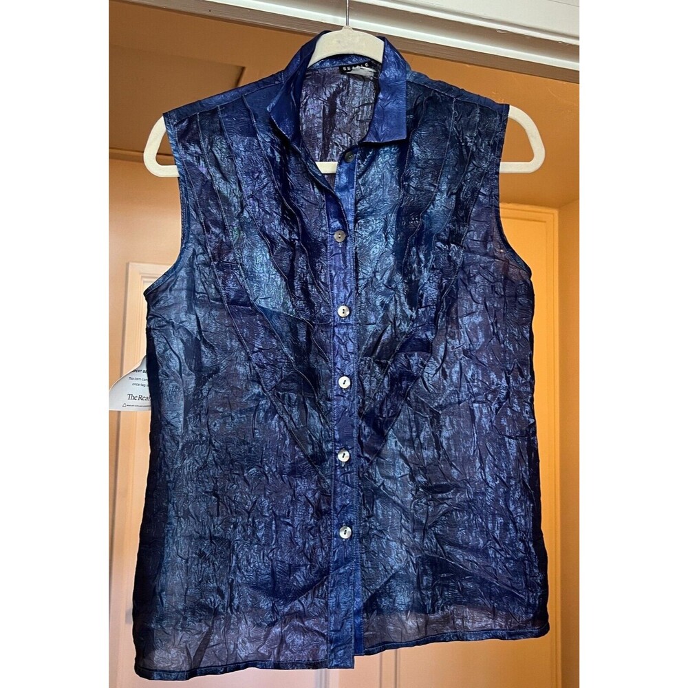 Searle Womens Blouse Size M Navy Button Up Sleeveless Ruffle Lightweight